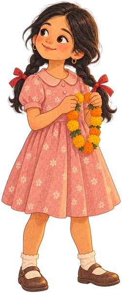 Prabigya as a girl, holding a marigold garland