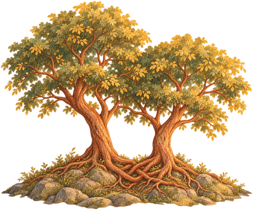 Twin trees on a hilltop, their branches touching and their roots entwined